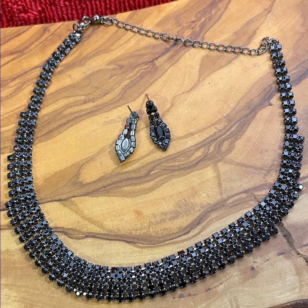 Vintage Black Crystal Necklace and Earring Set